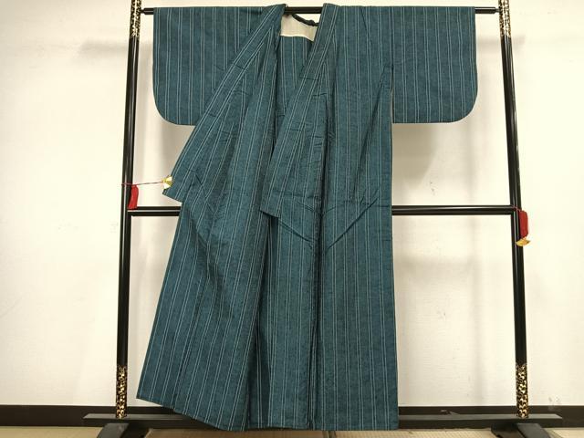 平和屋着物▽上質な紬 単衣 縞 正絹 逸品 AAAV2790fy