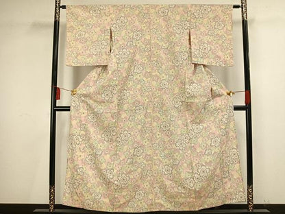 平和屋着物▽お召 単衣 花尽くし 正絹 逸品 AAAV2791fy