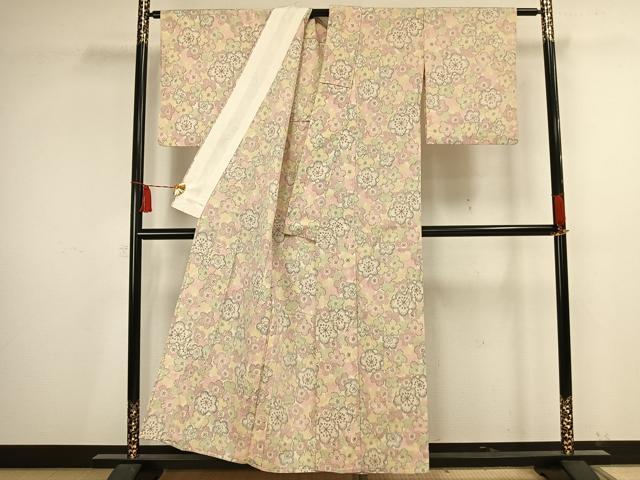 平和屋着物▽お召 単衣 花尽くし 正絹 逸品 AAAV2791fy