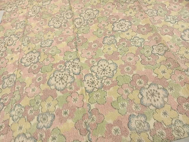 平和屋着物▽お召 単衣 花尽くし 正絹 逸品 AAAV2791fy