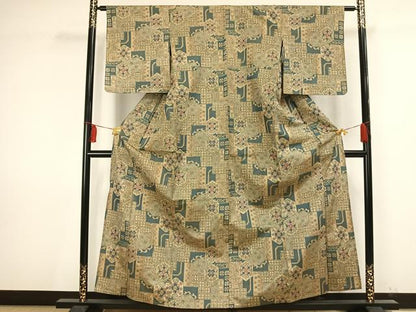 平和屋着物▽上質な紬 単衣 亀甲花文 正絹 逸品 未使用 AAAV2800fy