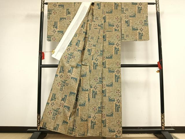 平和屋着物▽上質な紬 単衣 亀甲花文 正絹 逸品 未使用 AAAV2800fy