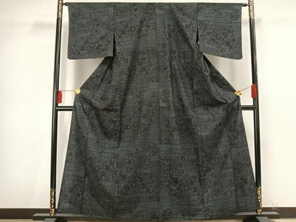 平和屋着物▽結城紬 単衣 100亀甲 色紙草花文 正絹 逸品 未使用 AAAV2802fy