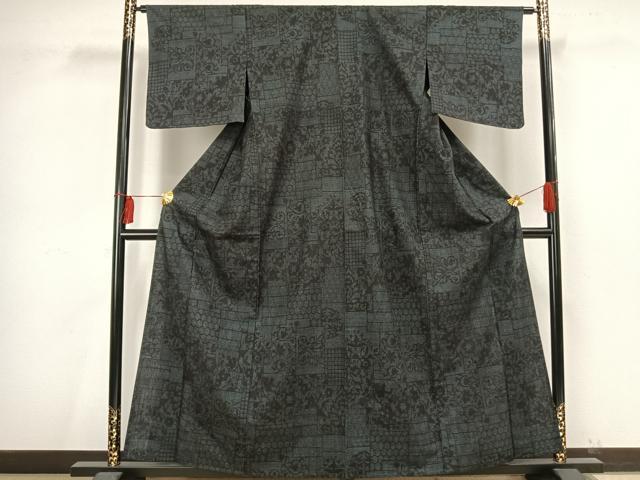 平和屋着物▽結城紬 単衣 100亀甲 色紙草花文 正絹 逸品 未使用 AAAV2802fy