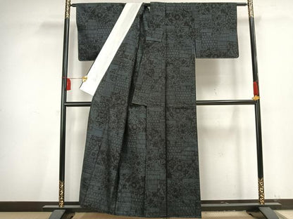 平和屋着物▽結城紬 単衣 100亀甲 色紙草花文 正絹 逸品 未使用 AAAV2802fy