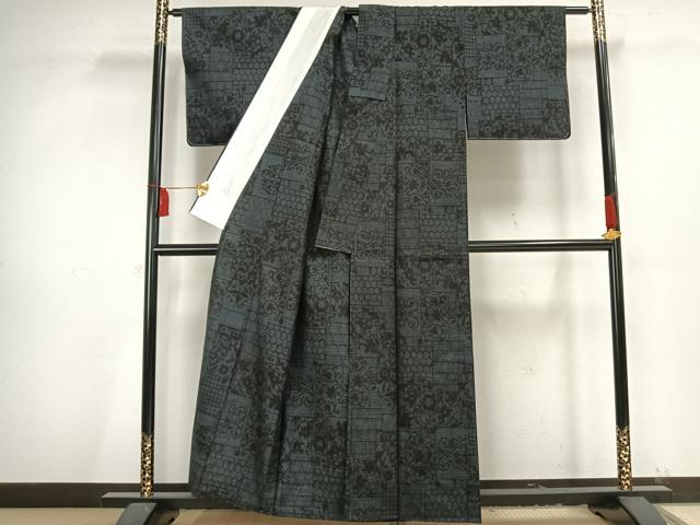 平和屋着物▽結城紬 単衣 100亀甲 色紙草花文 正絹 逸品 未使用 AAAV2802fy