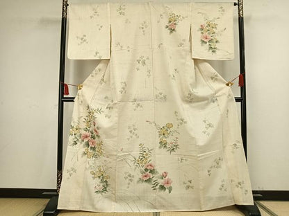 平和屋着物▽訪問着　単衣　紬地　手描き　草花文　正絹　逸品　AAAV2814fy