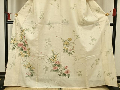 平和屋着物▽訪問着　単衣　紬地　手描き　草花文　正絹　逸品　AAAV2814fy