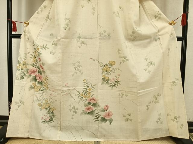 平和屋着物▽訪問着　単衣　紬地　手描き　草花文　正絹　逸品　AAAV2814fy