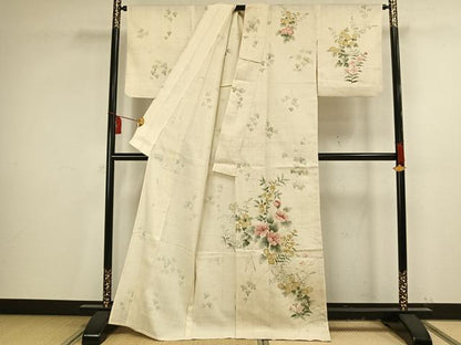 平和屋着物▽訪問着　単衣　紬地　手描き　草花文　正絹　逸品　AAAV2814fy