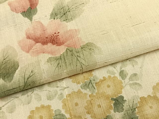 平和屋着物▽訪問着　単衣　紬地　手描き　草花文　正絹　逸品　AAAV2814fy
