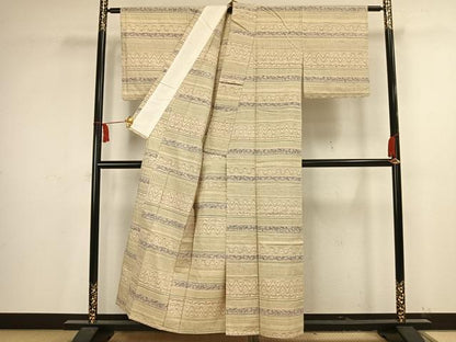 平和屋着物▽上質な紬 単衣 横段文 正絹 逸品 AAAV2818fy