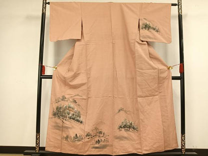 平和屋着物▽訪問着 単衣 紬地 手描き 風景樹林文 暈し染め 正絹 逸品 AAAV2822fy