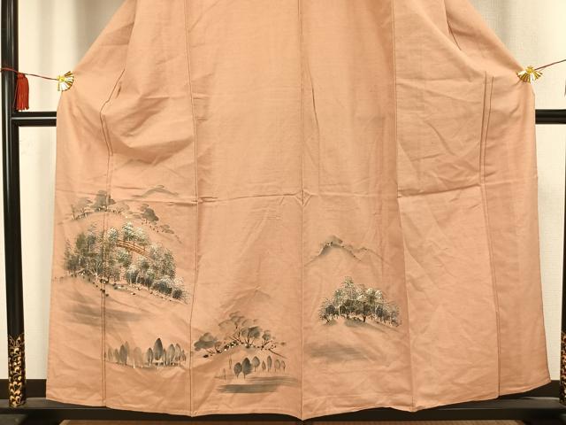 平和屋着物▽訪問着 単衣 紬地 手描き 風景樹林文 暈し染め 正絹 逸品 AAAV2822fy