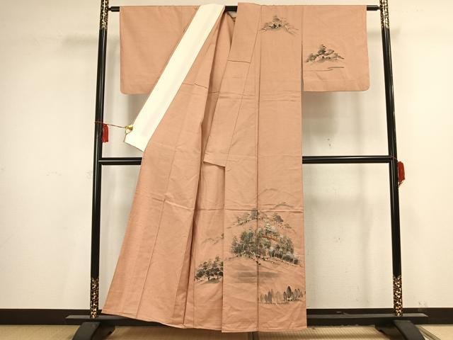 平和屋着物▽訪問着 単衣 紬地 手描き 風景樹林文 暈し染め 正絹 逸品 AAAV2822fy