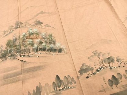 平和屋着物▽訪問着 単衣 紬地 手描き 風景樹林文 暈し染め 正絹 逸品 AAAV2822fy