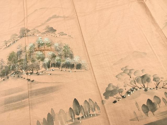 平和屋着物▽訪問着 単衣 紬地 手描き 風景樹林文 暈し染め 正絹 逸品 AAAV2822fy