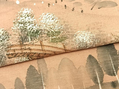 平和屋着物▽訪問着 単衣 紬地 手描き 風景樹林文 暈し染め 正絹 逸品 AAAV2822fy