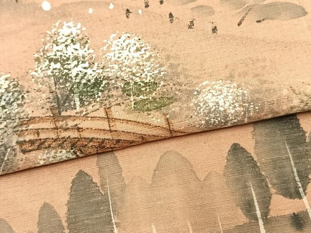 平和屋着物▽訪問着 単衣 紬地 手描き 風景樹林文 暈し染め 正絹 逸品 AAAV2822fy