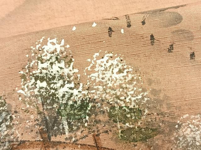 平和屋着物▽訪問着 単衣 紬地 手描き 風景樹林文 暈し染め 正絹 逸品 AAAV2822fy