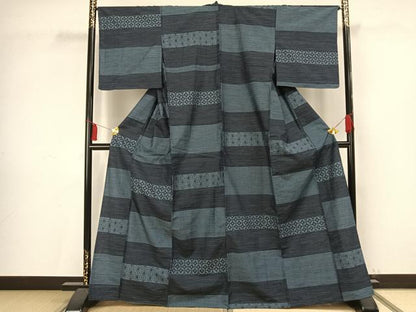 平和屋着物▽上質な紬 単衣 横段文 正絹 逸品 未使用 AAAV2825fy