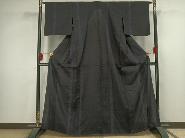 平和屋着物▽結城ちぢみ 単衣 幾何学間道 正絹 逸品 AAAV2828fy