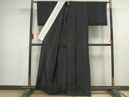 平和屋着物▽結城ちぢみ 単衣 幾何学間道 正絹 逸品 AAAV2828fy