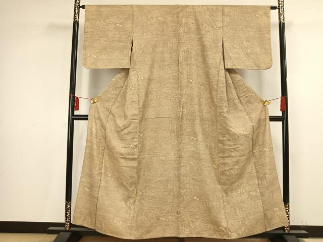 平和屋着物▽上質な紬　単衣　型染め　風景花鳥文　正絹　逸品　AAAV2829fy
