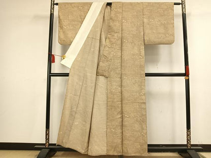 平和屋着物▽上質な紬　単衣　型染め　風景花鳥文　正絹　逸品　AAAV2829fy