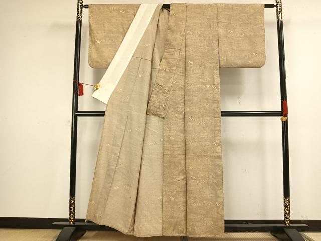 平和屋着物▽上質な紬　単衣　型染め　風景花鳥文　正絹　逸品　AAAV2829fy