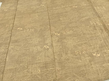 平和屋着物▽上質な紬　単衣　型染め　風景花鳥文　正絹　逸品　AAAV2829fy