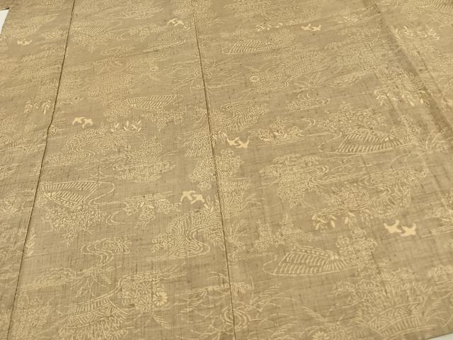 平和屋着物▽上質な紬　単衣　型染め　風景花鳥文　正絹　逸品　AAAV2829fy