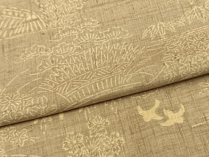 平和屋着物▽上質な紬　単衣　型染め　風景花鳥文　正絹　逸品　AAAV2829fy