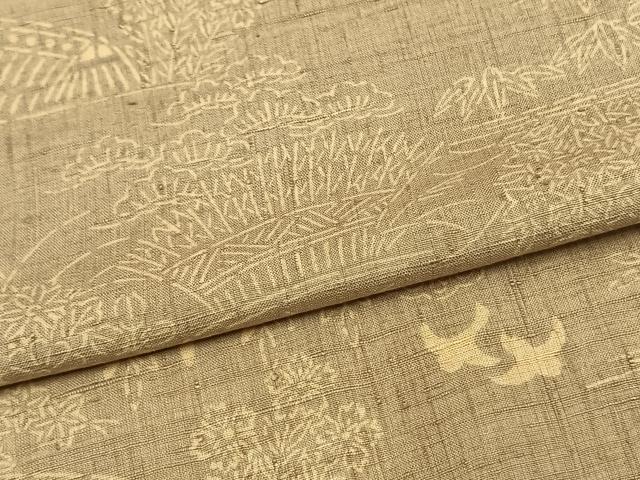 平和屋着物▽上質な紬　単衣　型染め　風景花鳥文　正絹　逸品　AAAV2829fy