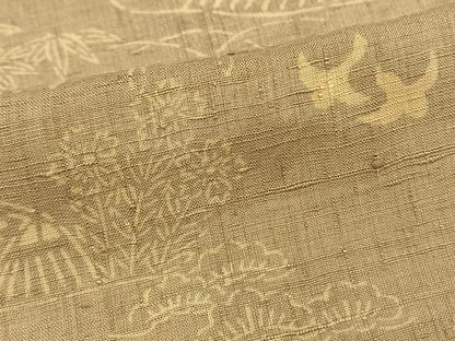 平和屋着物▽上質な紬　単衣　型染め　風景花鳥文　正絹　逸品　AAAV2829fy
