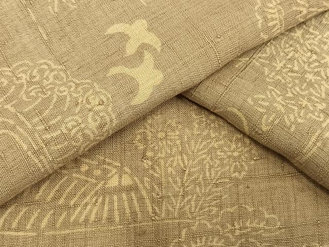 平和屋着物▽上質な紬　単衣　型染め　風景花鳥文　正絹　逸品　AAAV2829fy