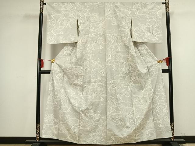 平和屋着物▽本場大島紬 単衣 白大島 120亀甲 風景草花文 正絹 逸品 AAAV2834fy