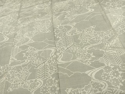 平和屋着物▽本場大島紬 単衣 白大島 120亀甲 風景草花文 正絹 逸品 AAAV2834fy