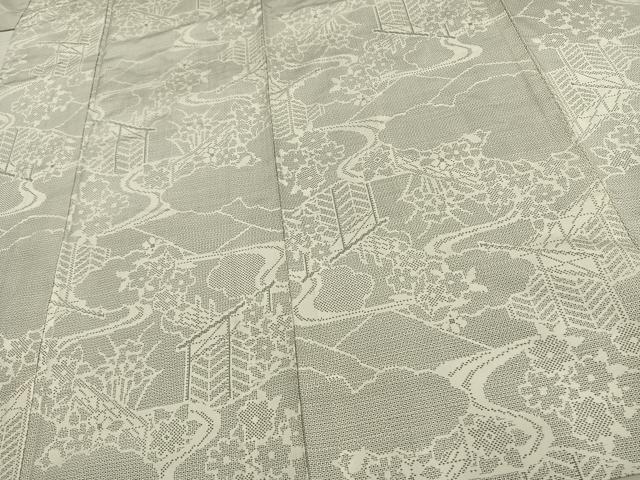 平和屋着物▽本場大島紬 単衣 白大島 120亀甲 風景草花文 正絹 逸品 AAAV2834fy
