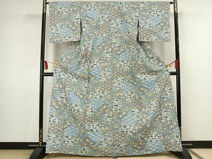 平和屋着物▽上質な紬 単衣 切嵌花文 正絹 逸品 AAAV2837fy