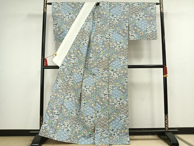 平和屋着物▽上質な紬 単衣 切嵌花文 正絹 逸品 AAAV2837fy