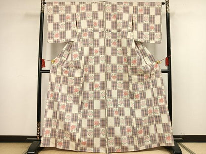 平和屋着物▽上質な紬 単衣 市松草花文 正絹 逸品 AAAV2851fy