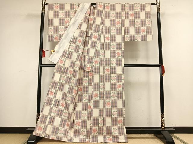 平和屋着物▽上質な紬 単衣 市松草花文 正絹 逸品 AAAV2851fy