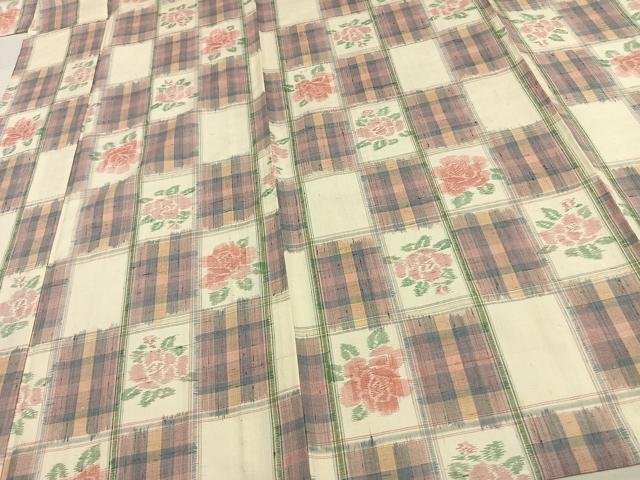 平和屋着物▽上質な紬 単衣 市松草花文 正絹 逸品 AAAV2851fy