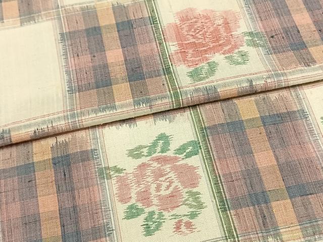 平和屋着物▽上質な紬 単衣 市松草花文 正絹 逸品 AAAV2851fy