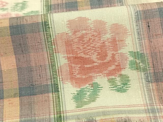 平和屋着物▽上質な紬 単衣 市松草花文 正絹 逸品 AAAV2851fy
