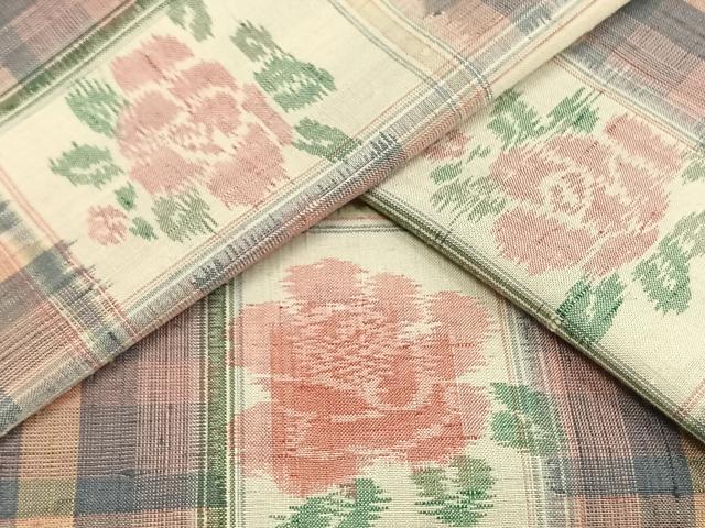 平和屋着物▽上質な紬 単衣 市松草花文 正絹 逸品 AAAV2851fy