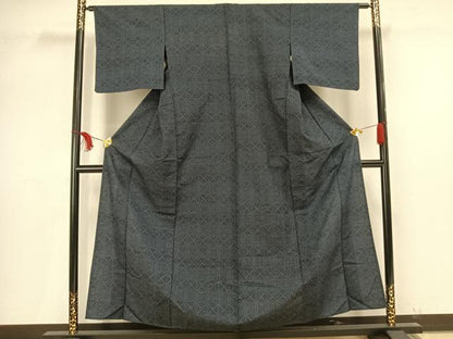 平和屋着物▽上質な紬　単衣　幾何学文様　正絹　逸品　AAAV2852fy