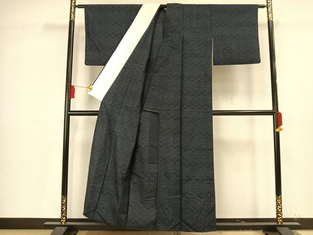 平和屋着物▽上質な紬　単衣　幾何学文様　正絹　逸品　AAAV2852fy