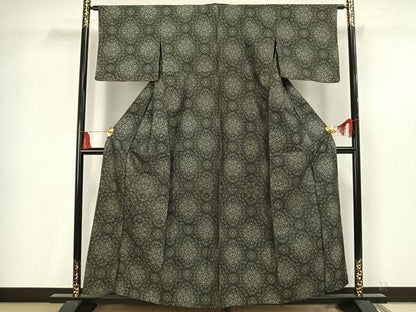 平和屋着物▽お召 単衣 吉祥花文 黒地 正絹 逸品 AAAV2854fy